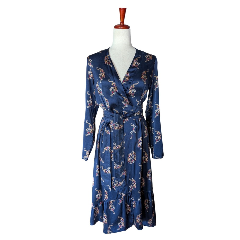 Sandro Paris Navy Blue Tiger Print Silk Wrap Midi Dress R4842H-90 Size 1 US S